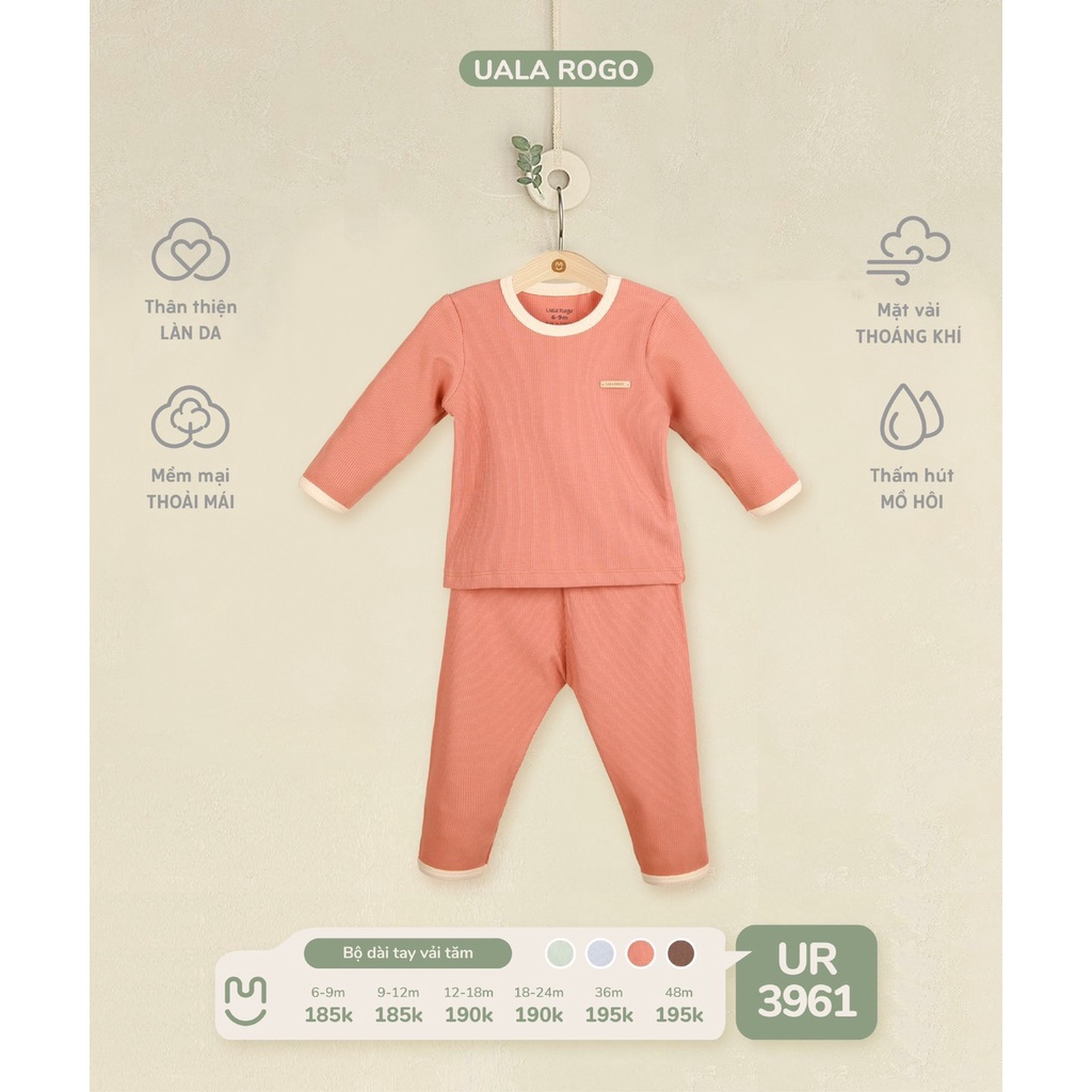 Bộ Uala Rogo dài tay vải cotton tăm cao cấp mềm mịn thoáng mát thấm hút tốt trơn phối viền màu cho bé trai bé gái 3961