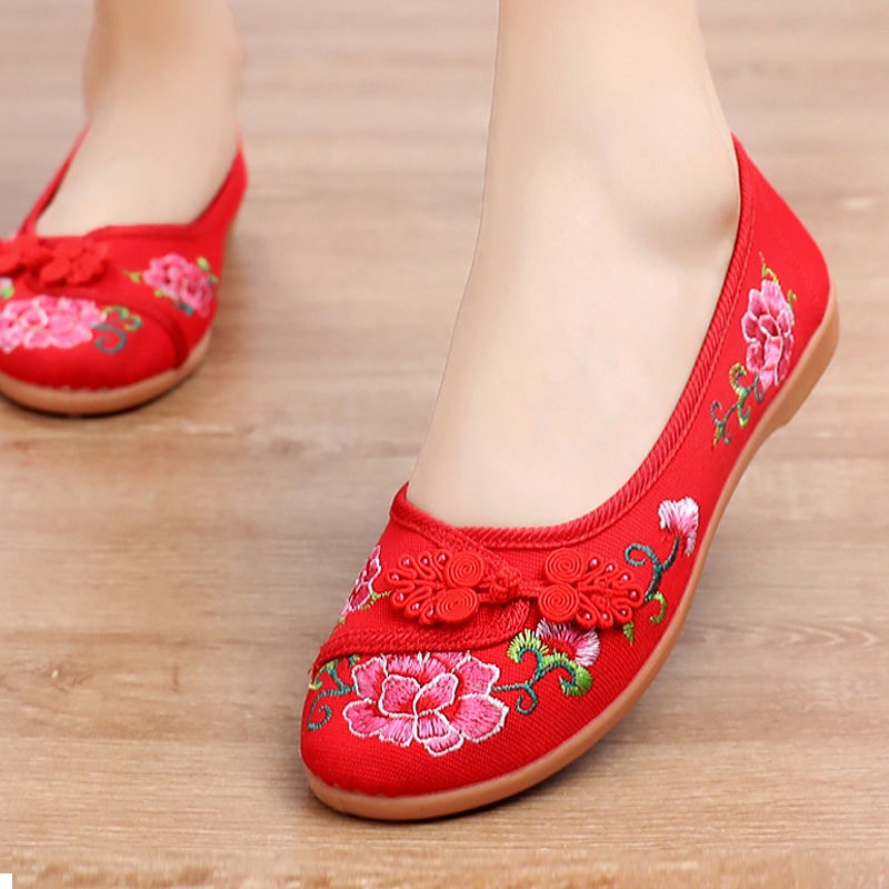 Giày Búp Bê Vải Đế Mềm Thêu Họa Tiết Xinh Xắn Chống Trượt Cho Nữ