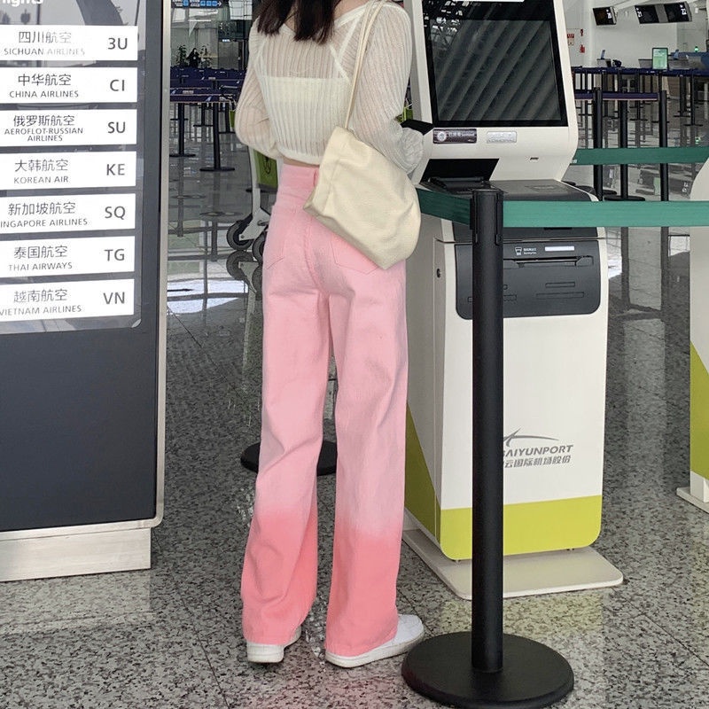 Quần Jean Ống Rộng Lưng Cao Màu Hồng Gradient Thiết Kế Mới Thời Trang Mùa Xuân Dành Cho Nữ