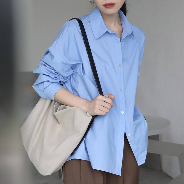 Xiaoxiao daxiu Áo Sơ Mi Tay Dài Dáng Rộng Màu Xanh Dương Thời Trang Thu Đông Tự Làm Cho Nữ