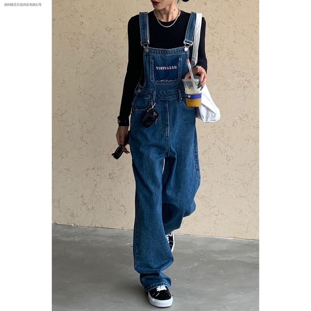 Quần Yếm Denim Màu Xanh Dương Mùa Xuân Thu Phong Cách Retro Mỹ Đường Phố Mới Cho Nữ