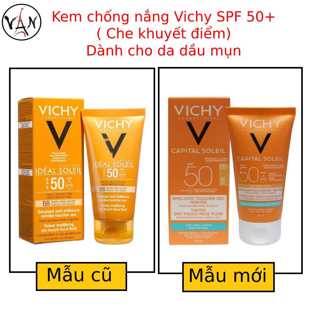 [ Vichy] Kem chống nắng che khuyết điểm vichy capital soleil BB teint spf50+ 50ml dành cho da dầu nhờn mụn - Mẫu mới