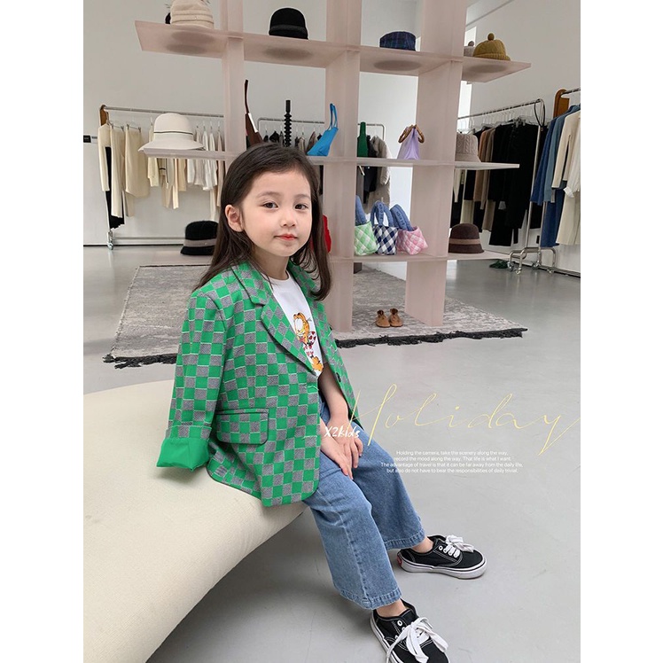 Áo Khoác Vest Tay Dài Họa Tiết Kẻ Sọc Màu Sắc Tương Phản Phong Cách Hàn Quốc Thời Trang Mùa Xuân 2022 Cho Bé Gái