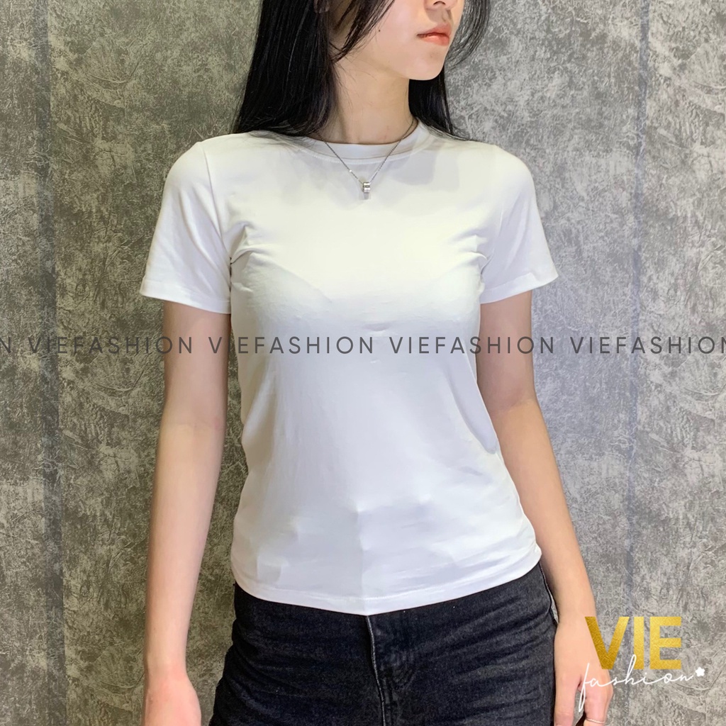 Áo thun nữ ngắn tay basic cổ tròn. Áo phông cổ tròn basic dáng lửng vải 100% cotton. VIE fashion 2203-04