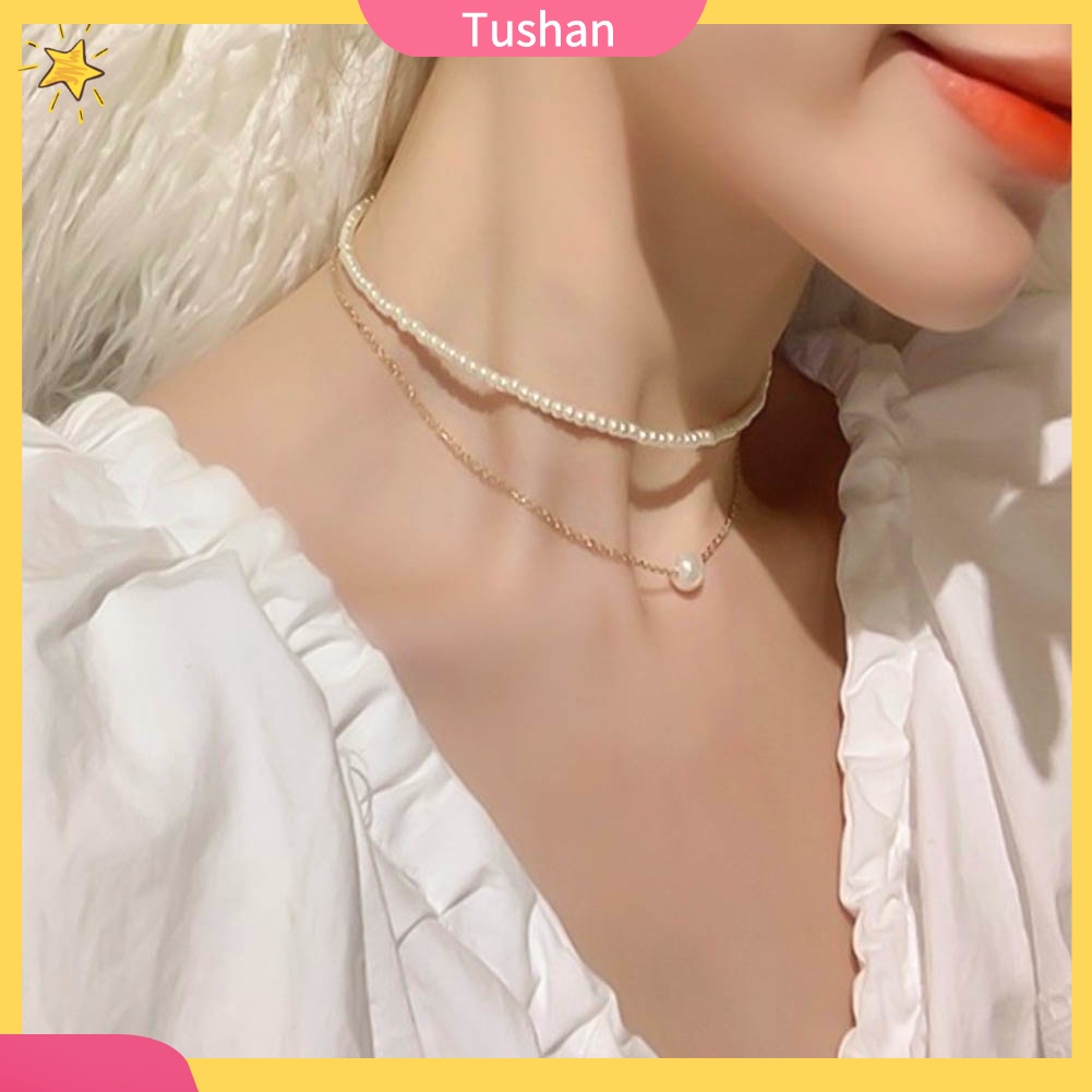 TUSH Women Girl Double Layer Faux Pearl Pendant Clavicle Chain Necklace Party Jewelry