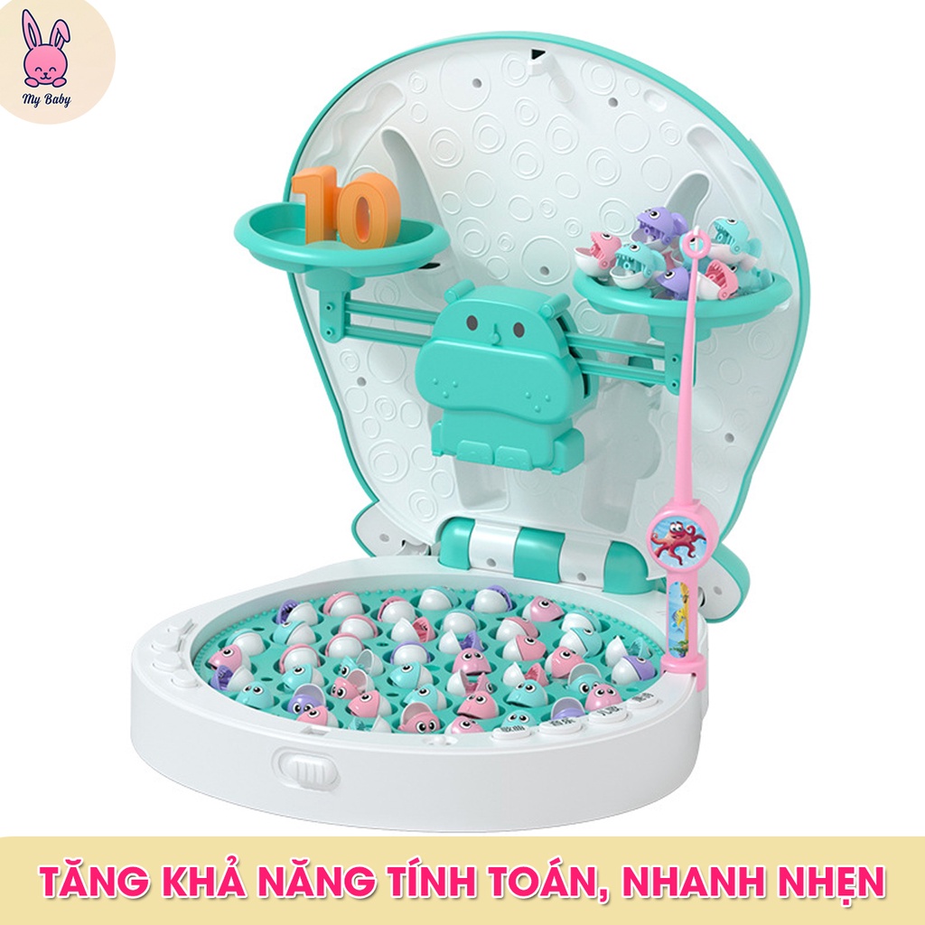 Câu cá điện cho bé 45 con cá, đi kèm 2 cần câu nam châm, 1 cân và bộ phép tính, Tặng kèm 3 pin AA, Mybaby