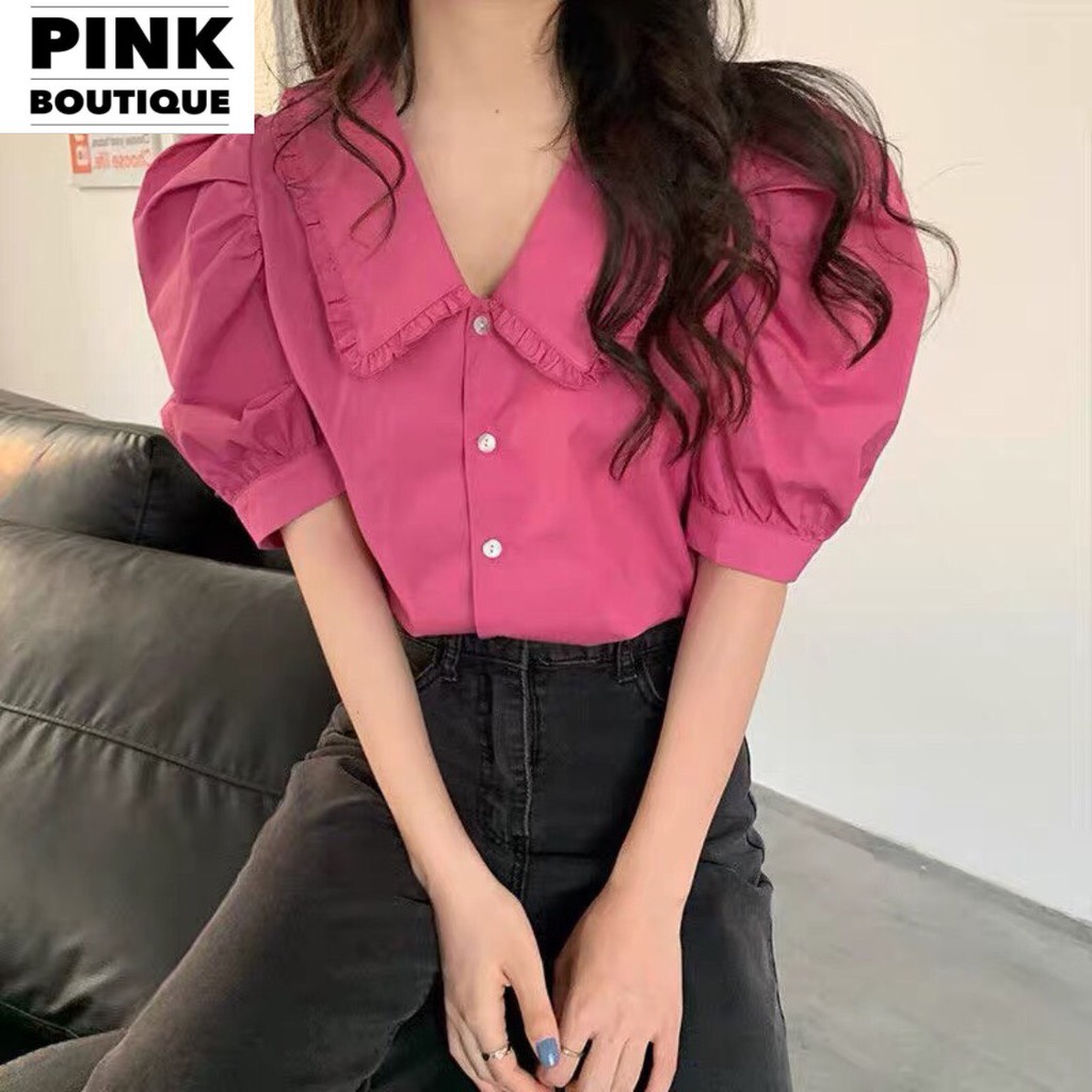 Áo Sơ Mi Trắng Nữ Đẹp Áo Kiểu Form Rộng Tay Ngắn Phồng Cổ Đức BèoThiết Kế PINK BOUTIQUE