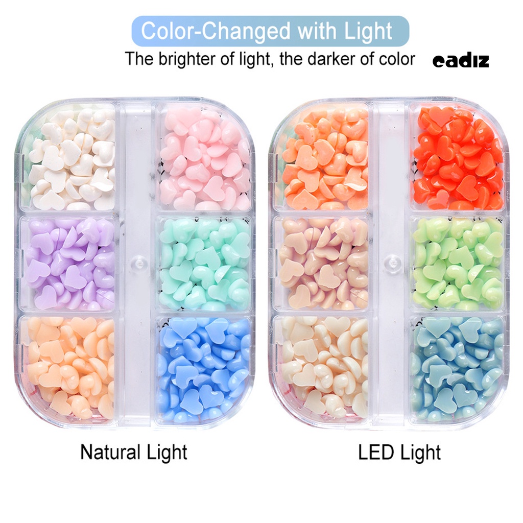 [Hàng mới về] Hộp 6 ngăn phụ kiện trang trí móng tay nghệ thuật hình trái tim hiệu ứng đổi màu hồng trắng 3D lưng phẳng