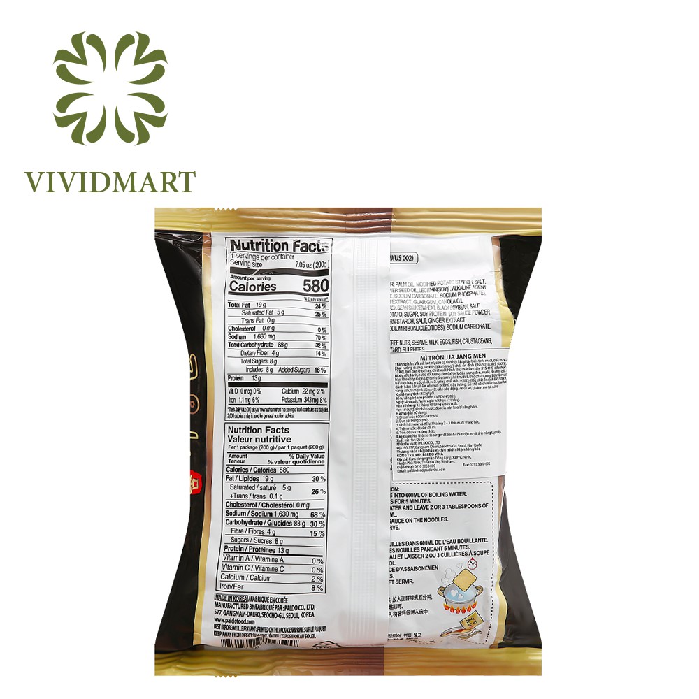 Mì Trộn Sốt Tương Đen Jjajangmen Paldo Nhập Khẩu Hàn Quốc - Gói 200g - Black Bean Sauce Noodles