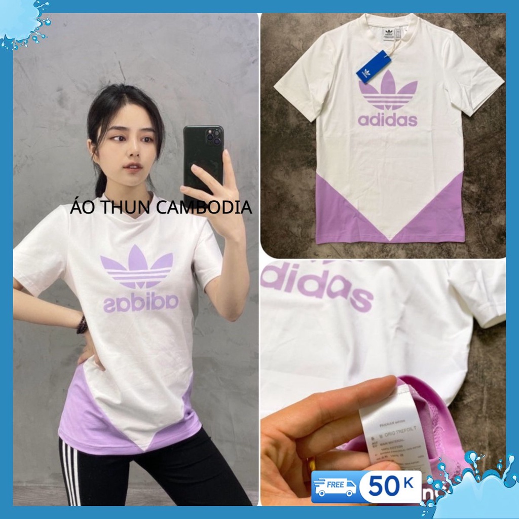 Áo nữ Adidas ba lá thun cotton logo ba lá phối tím