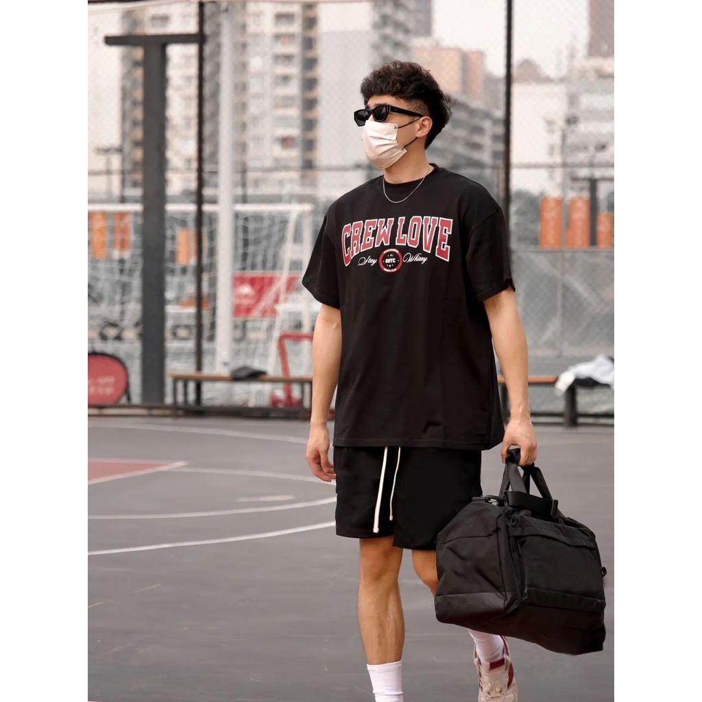 Áo đen - Quần đen Beaver Tee "CREW LOVE ĐỎ" Local Brand tay lỡ form rộng nam nữ Unisex Freeship Extra