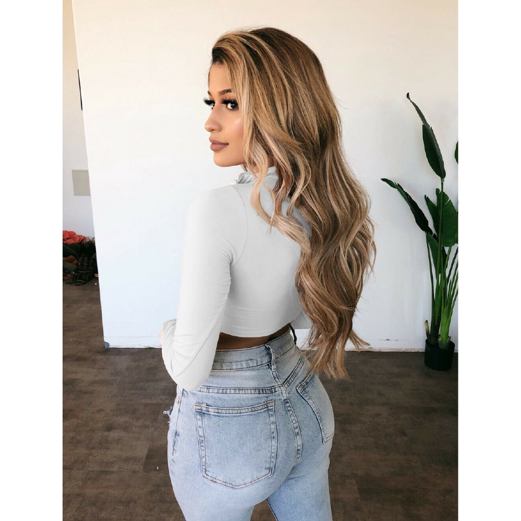 Áo Croptop Tay Dài Phối Khoá Kéo Thiết Kế Cổ Chữ V Nữ Tính