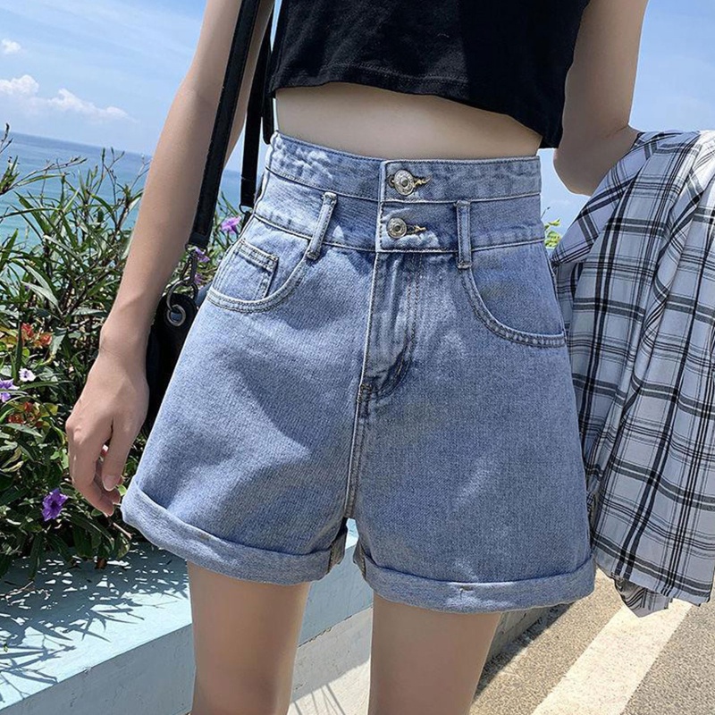 Quần Short Jean Chữ A Lưng Cao Ống Rộng Phối Hai Hàng Nút Thời Trang Mùa Hè Cho Nữ