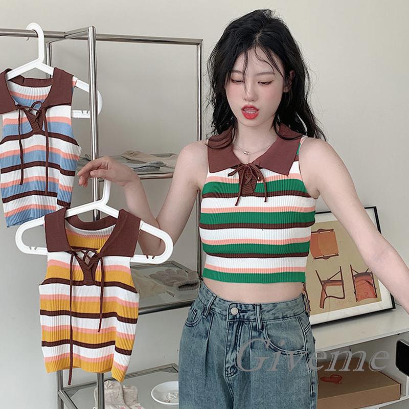 Áo Lửng Hai Dây Dệt Kim Họa Tiết Kẻ Sọc Nhiều Màu Sắc Thời Trang Mùa Hè Cho Nữ