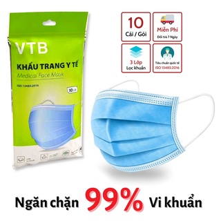 Khẩu trang y tế VTB gói 10 cái - 3 lớp lọc khuẩn - Ngăn chặn 99% vi khuẩn có hại