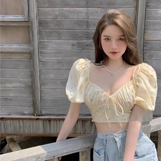 Áo Croptop Kiểu Hoa Nhí Dây Nơ Cúp Ngực Mặc 2 Kiểu Trễ Vai Tay Ngắn Bồng Bo Thun Lưng Co Giãn 351 FIORI STORE