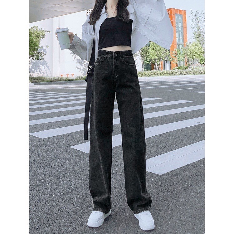 Quần bò suông nữ cạp cao ống rộng hai màu có size chất liệu dày dặn vanmiushop