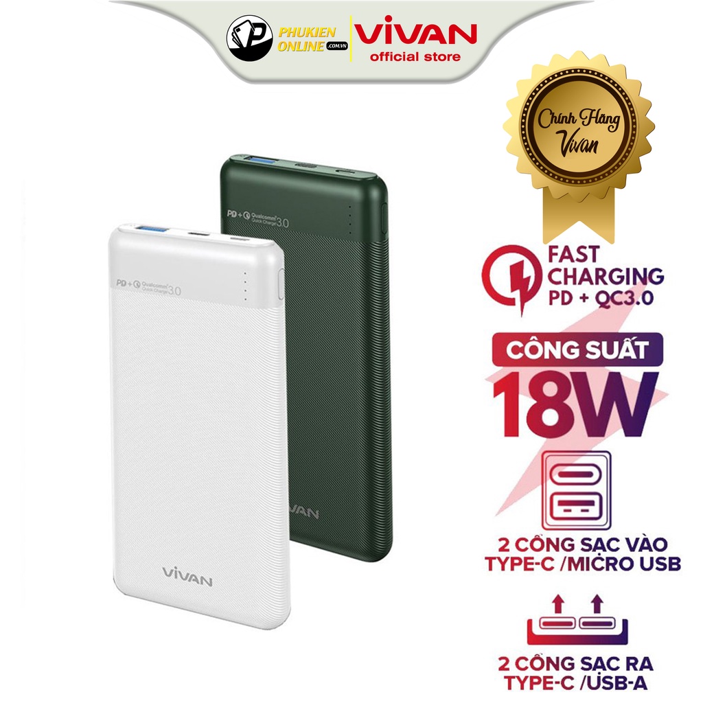 Pin Sạc Dự Phòng Chính Hãng 10000mAh VIVAN VPB-M10, 9 Lớp Bảo Vệ Thông Minh Sạc Nhanh Chuẩn PD/QC3.0 18W.