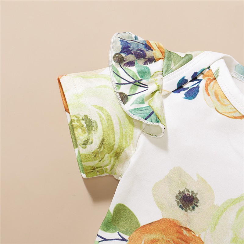 Mikrdoo Bộ áo liền quần tay ngắn +Treo váy + băng buộc đầu Bộ quần áo 3PCS cho bé gái 0-18 tháng