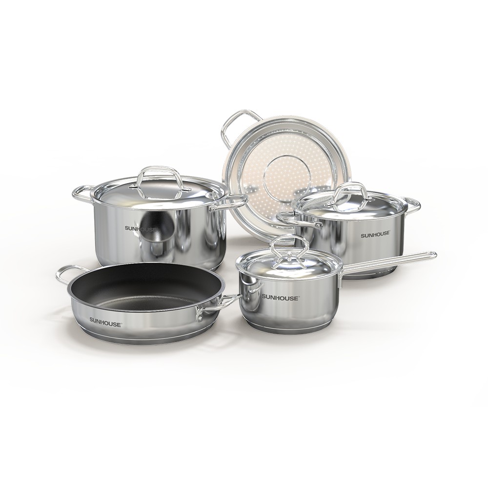 Bộ nồi chảo quánh xửng hấp INOX 5 ĐÁY SUNHOUSE SHG995 (cao cấp an toàn đa năng dùng được bếp từ)