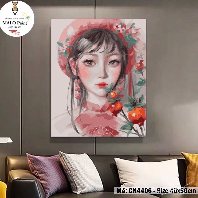 Tranh sơn dầu số hoá tự tô màu Tranh cô gái Việt Nam cổ trang