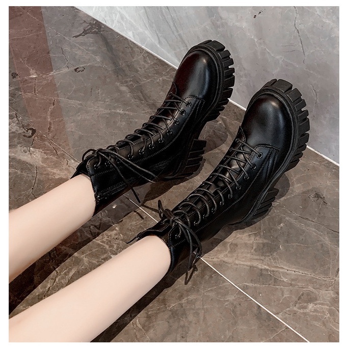 Giày bốt da Martin cổ cao- Giầy boots đế cao gót thời trang phong cách Hàn Quốc khóa kéo ống cao 24Cm full Box/đen