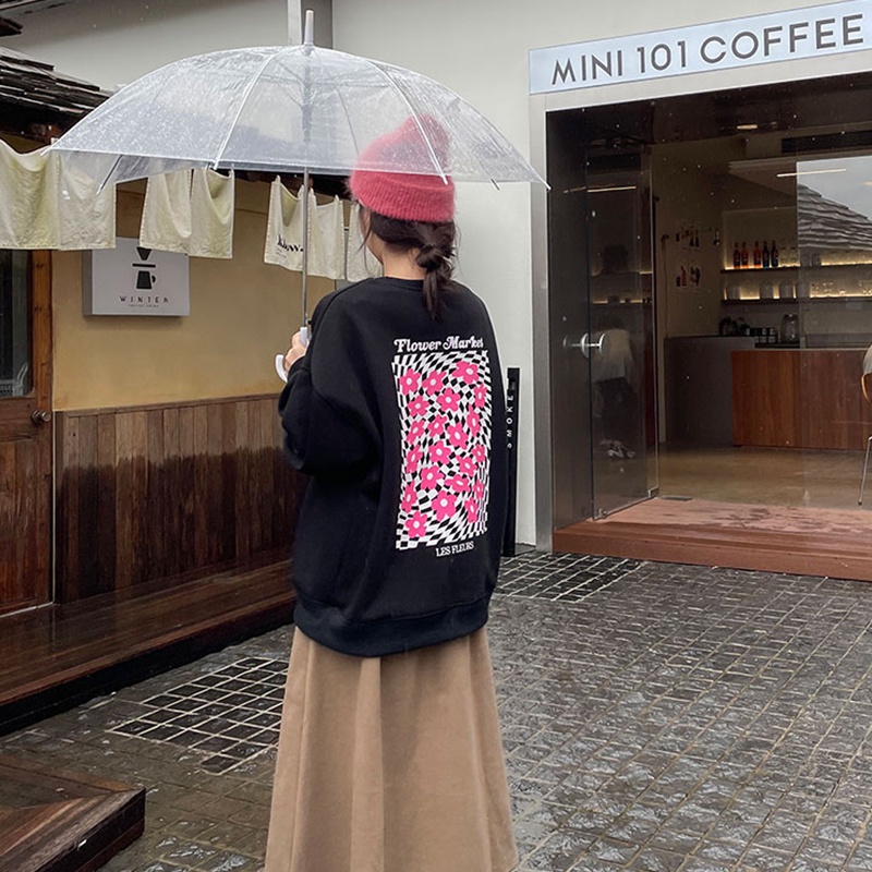 Áo nỉ ZHELIHANGFEI tay dài dáng rộng họa tiết in hoa dễ phối đồ thời trang