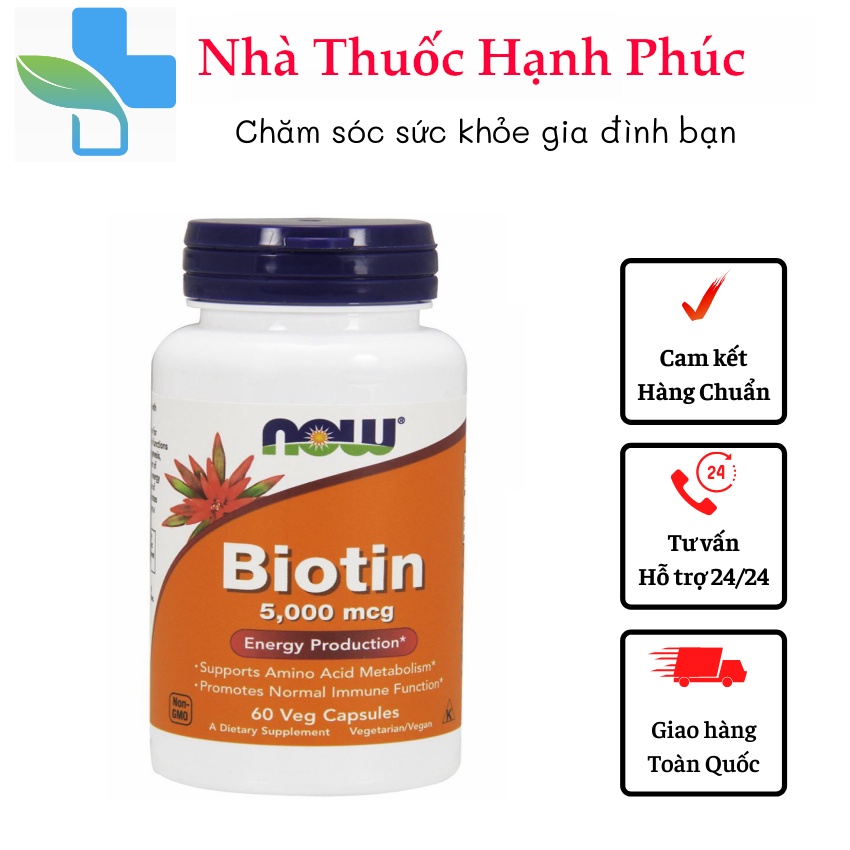 Viên Uống Biotin 5000mcg 60 viên  NOW foods - Nội Địa Mỹ - Giúp chắc khỏe tóc
