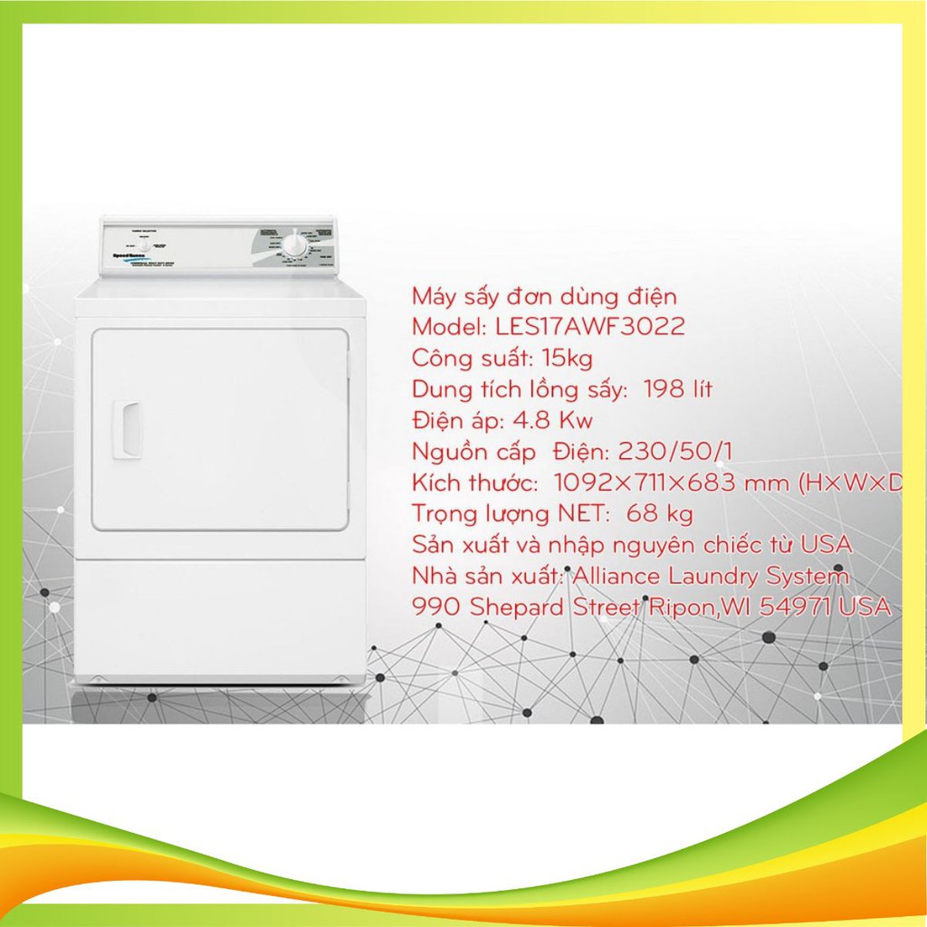 Máy sấy SPEED QUEEN 15kg LES17AWF3022, Sản xuất và nhập nguyên chiếc từ USA