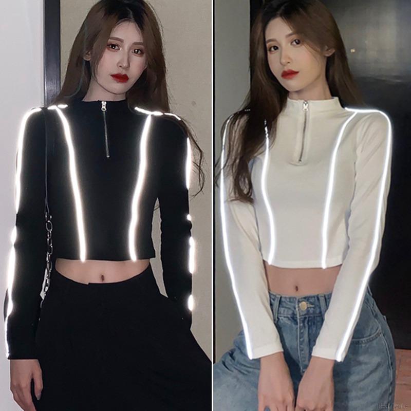 Áo Croptop Tay Dài Cổ Lọ Thiết Kế Khoá Kéo Thanh Lịch