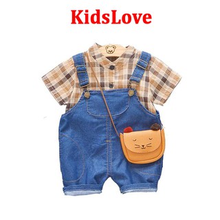 Bộ đồ cho bé trai KidsLove, áo sơ mi, quần yếm 100 % cotton thoáng mát, thấm hút mồ hôi