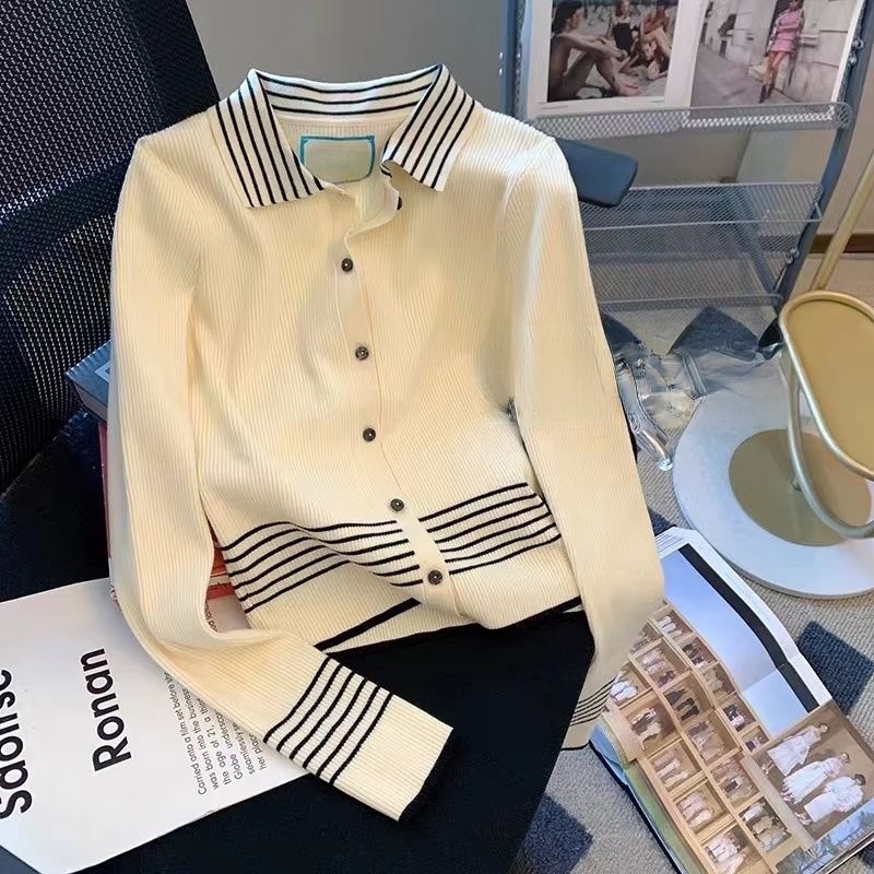 Áo cardigan Dệt Kim Cổ polo Dáng Ôm Họa Tiết Kẻ Sọc Thời Trang Mùa Thu Hàng Mới Dành Cho Bạn Nữ