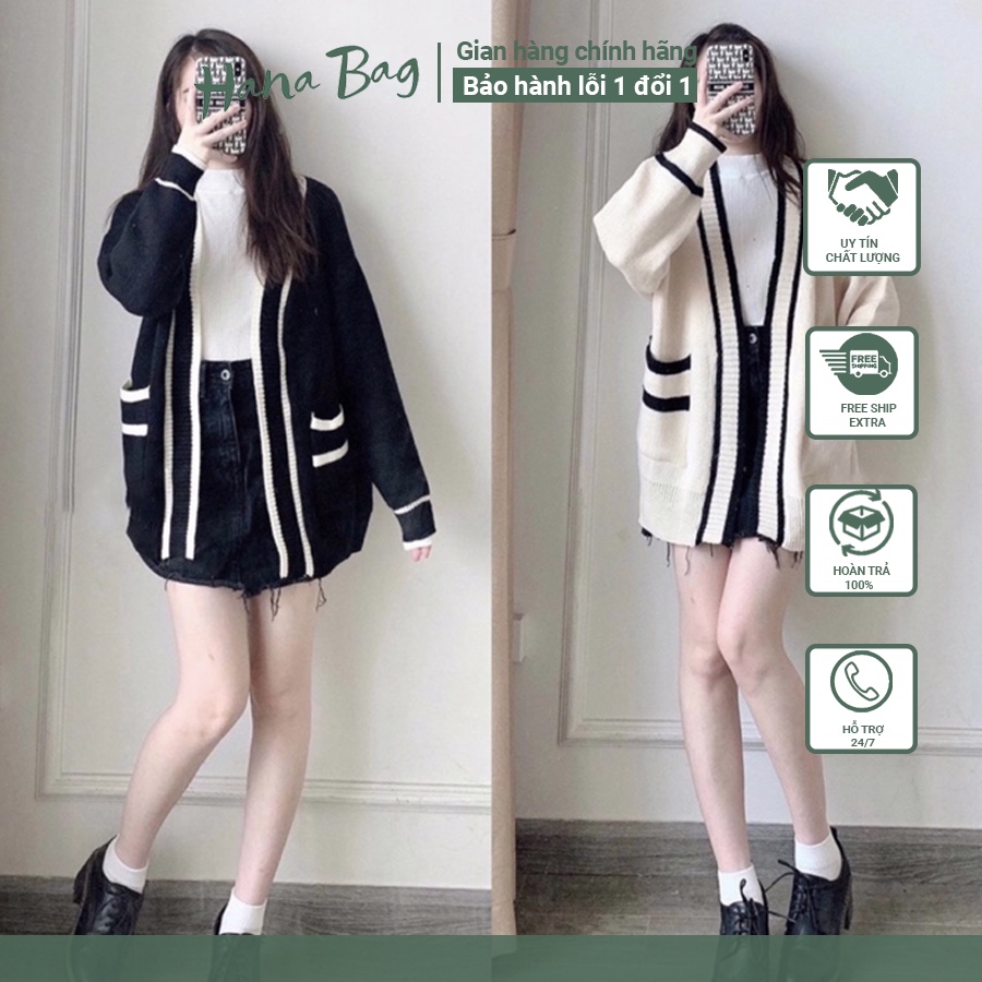 Áo cardigan nữ oversize, áo khoác ngoài loại 1 có viền sọc trắng đen chất liệu len dày đặn