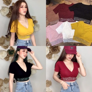 Áo thun croptop đính đá đắp chéo tay con