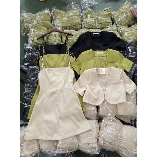 Set váy hai dây minidress kèm áo khoác dáng lửng đệm vai the.sweaterweather TSW (ảnh thật)