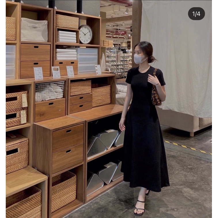 ĐẦM MIDI ĐEN XOÈ CUT OUT LƯNG TAY NGẮN