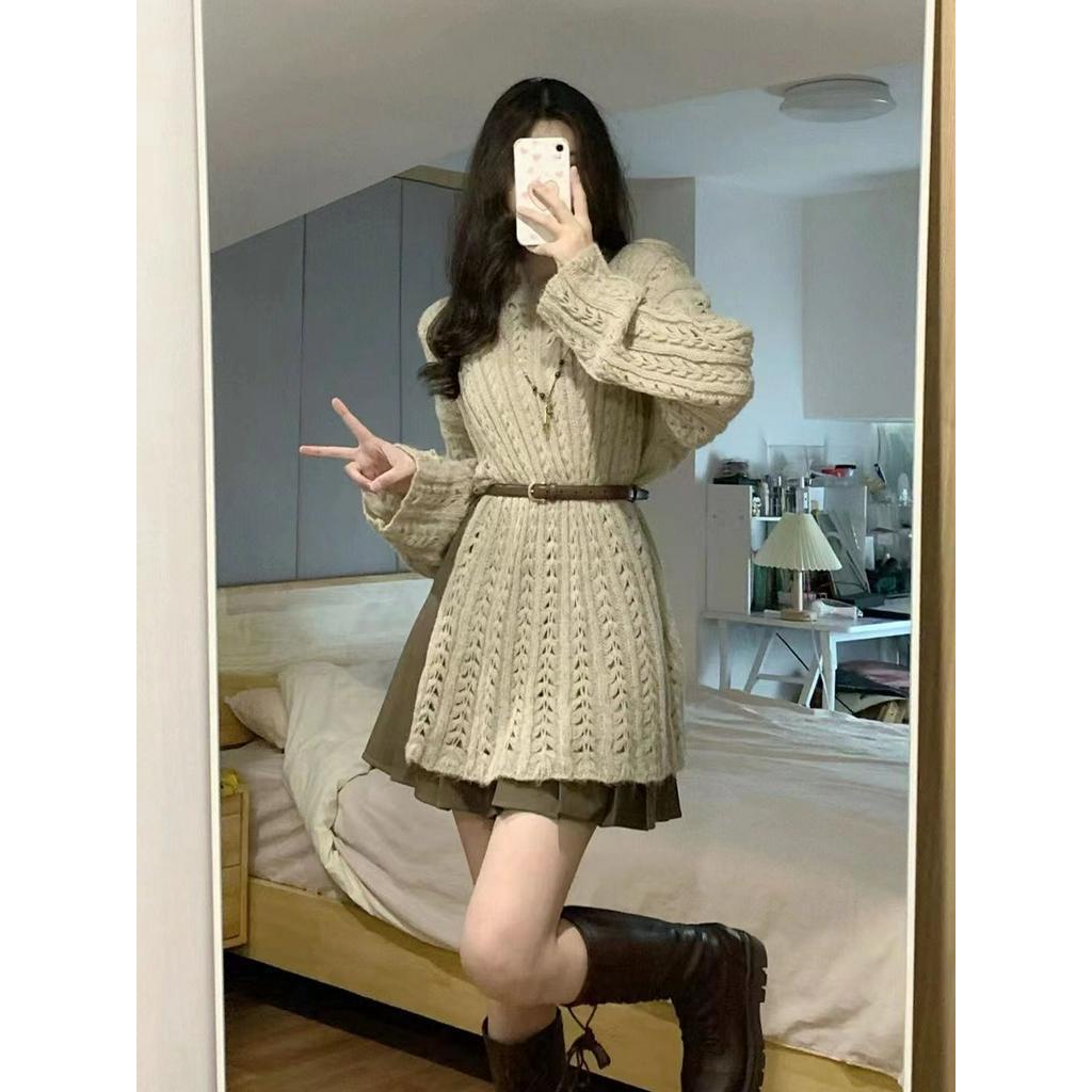 Set 2 Món Thiết Kế Kiểu Nữ, Váy Len Dài Mix Chân Váy Xếp Li Eo Cao Tôn Dáng Cá Tính Dành Cho Bạn Gái