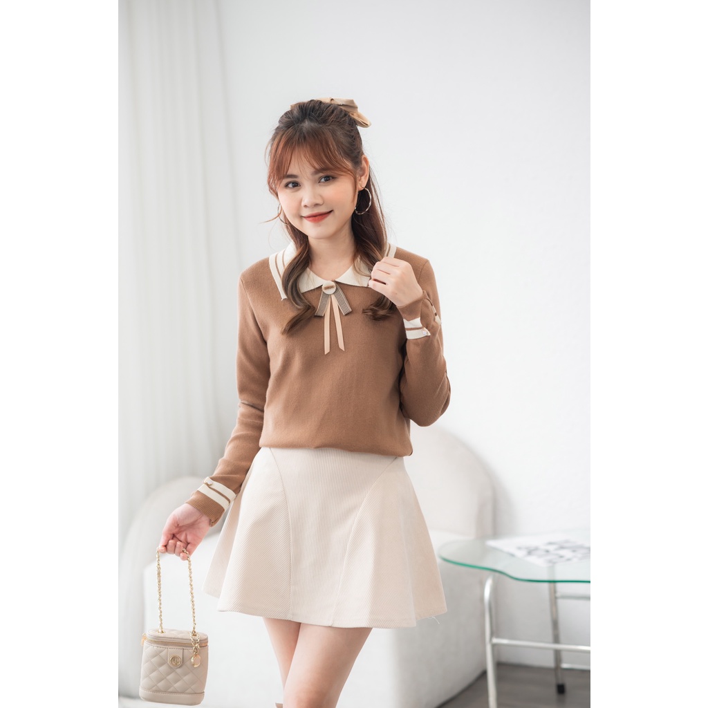 Áo len nữ, áo len cổ đức mix nơ màu đỏ thiết kế Bazzi mềm mịn co giãn- ẢNH THẬT TỰ CHỤP