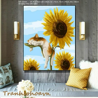 Tranh Sơn Dầu Số Hóa Chú Mèo Lười Trên Cành Hoa Hướng Dương Tranhsohoavn Tranh Số Hóa Mã DV033