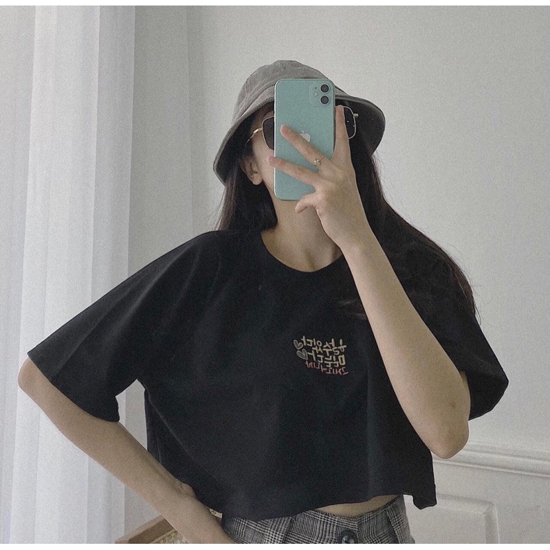 [FREE SHIP] Áo Thun Nữ Croptop, Áo Tay Lỡ Cotton Thêu Chữ Hàn