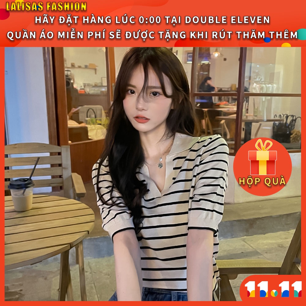Áo polo tay ngắn cổ chữ V in họa tiết sọc ngang thời trang Hàn Quốc đáng yêu | BigBuy360 - bigbuy360.vn