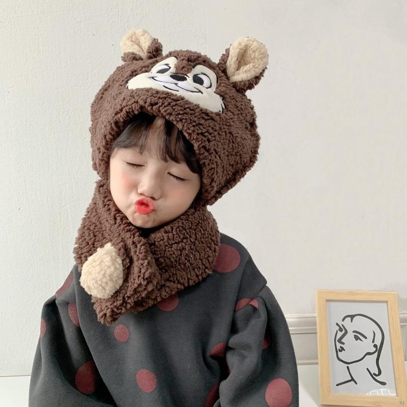 Nón Beanie Phối Khăn Choàng Cổ Họa Tiết Hoạt Hình Đáng Yêu Cho Bé