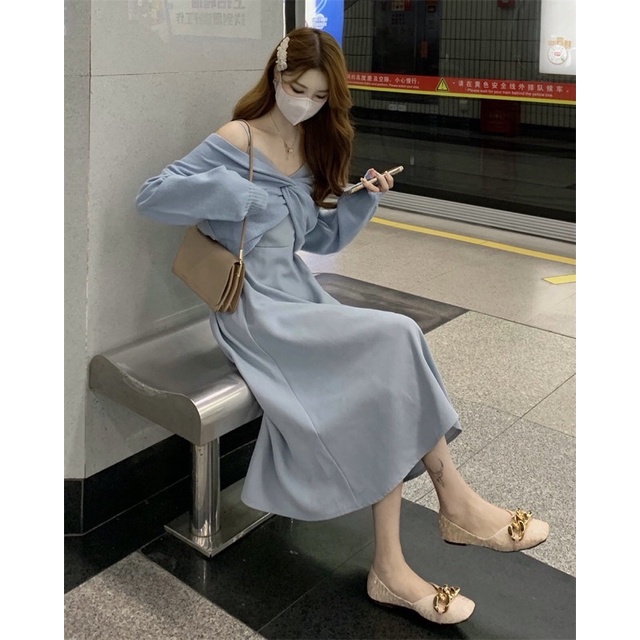 Aome - Set váy hai dây dài cùng áo len lửng 2 màu