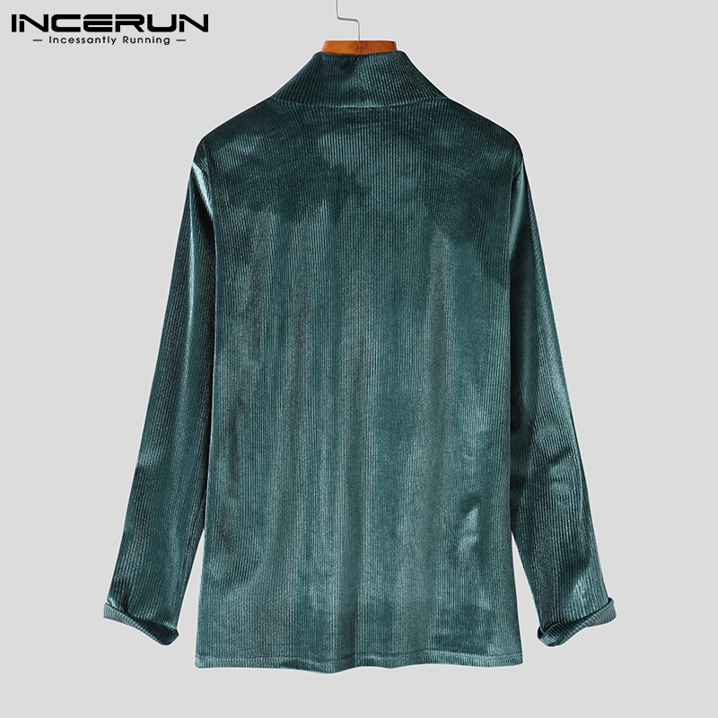 Áo nhung INCERUN tay dài cổ cao màu trơn kẻ sọc cho nam