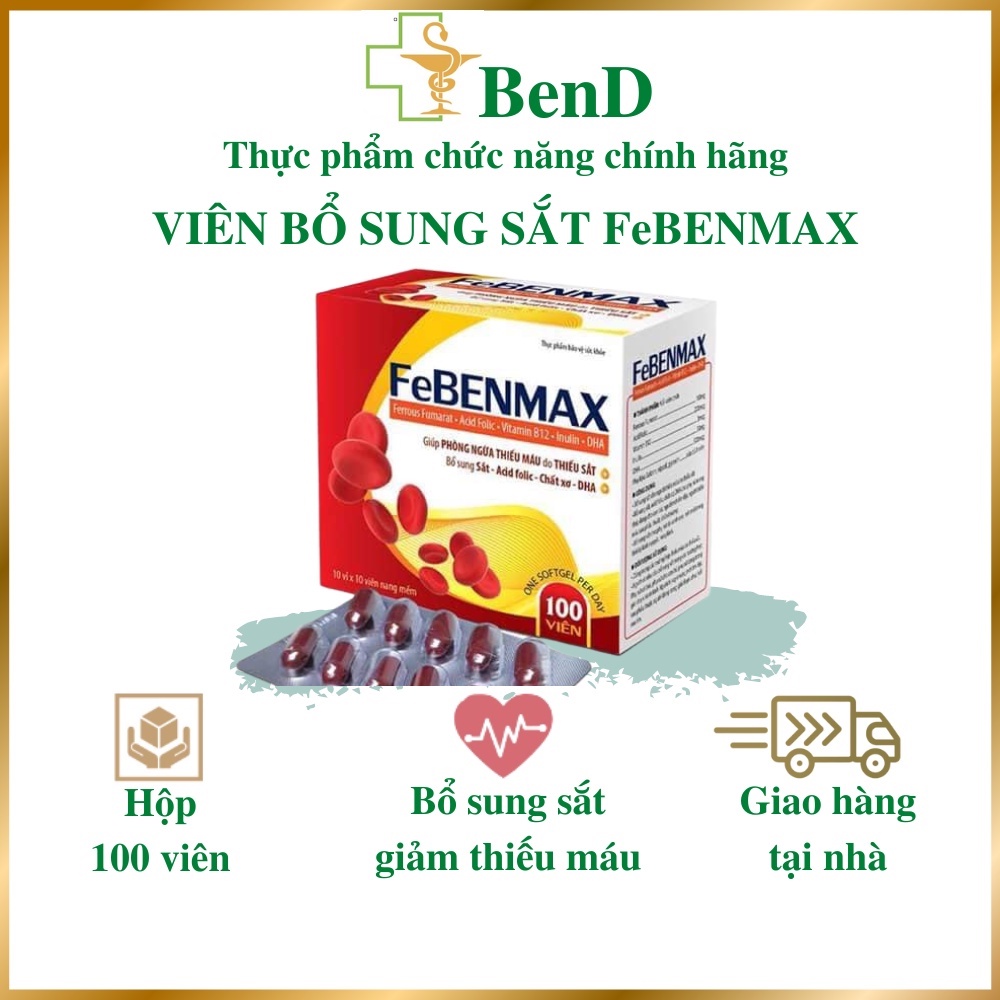 Viên uống bổ sung Sắt FeBenmax hộp 10 vỉ x10 viên, giảm tình trạng thiếu máu do thiếu sắt dành cho người lớn và trẻ em