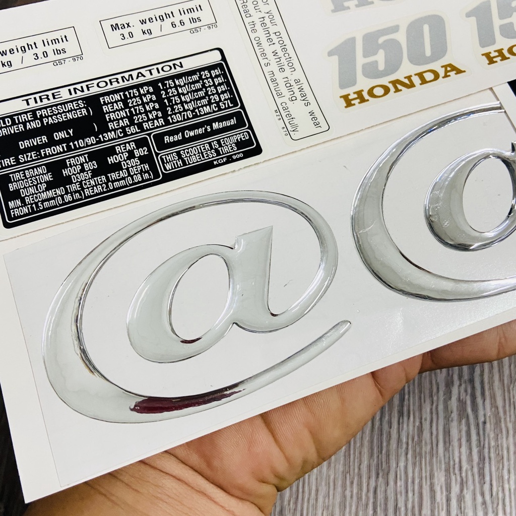 Bộ tem xe Honda @ 150 chất liệu nhựa nổi cao cấp, kèm tem thông số đầy đủ dán xe