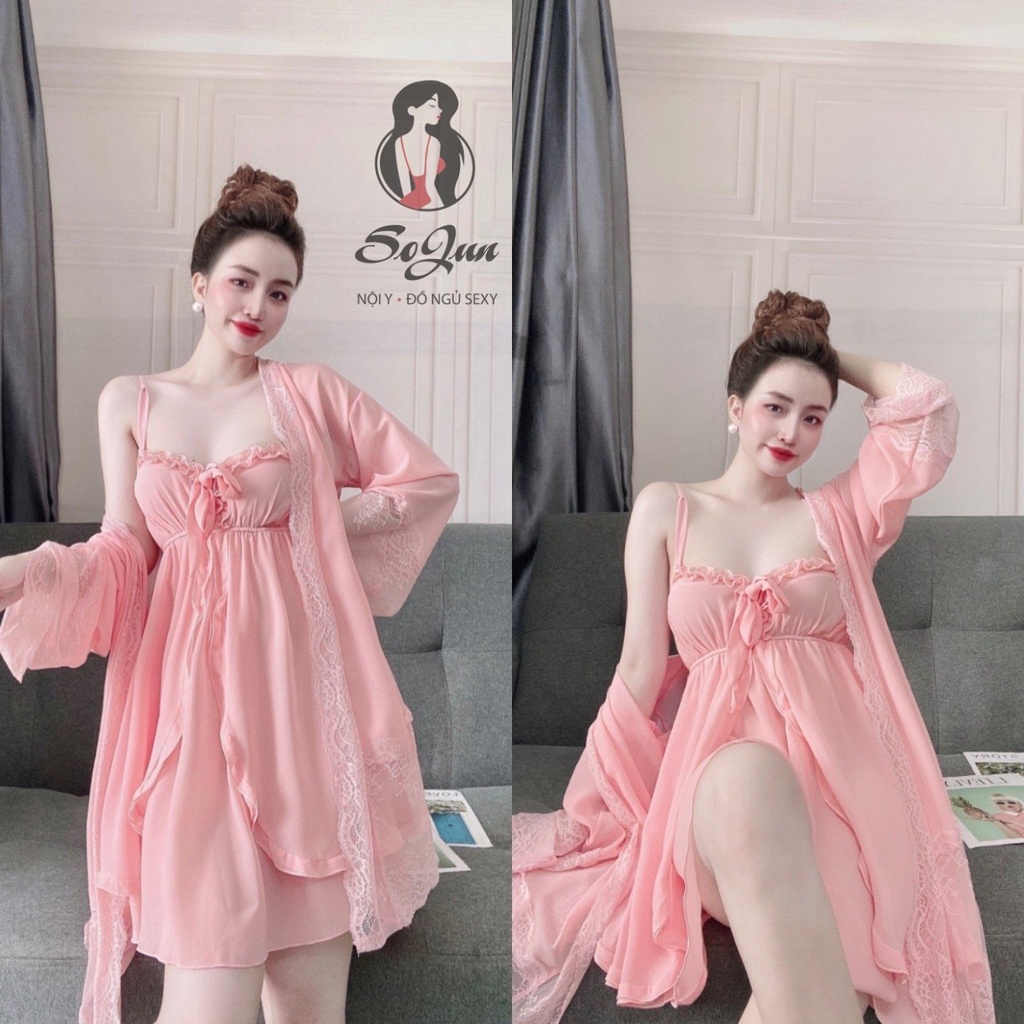 Váy Ngủ Sexy Nữ, Đầm Ngủ Chiffon Bẹt Vai Kèm Quần Dưới 70Kg