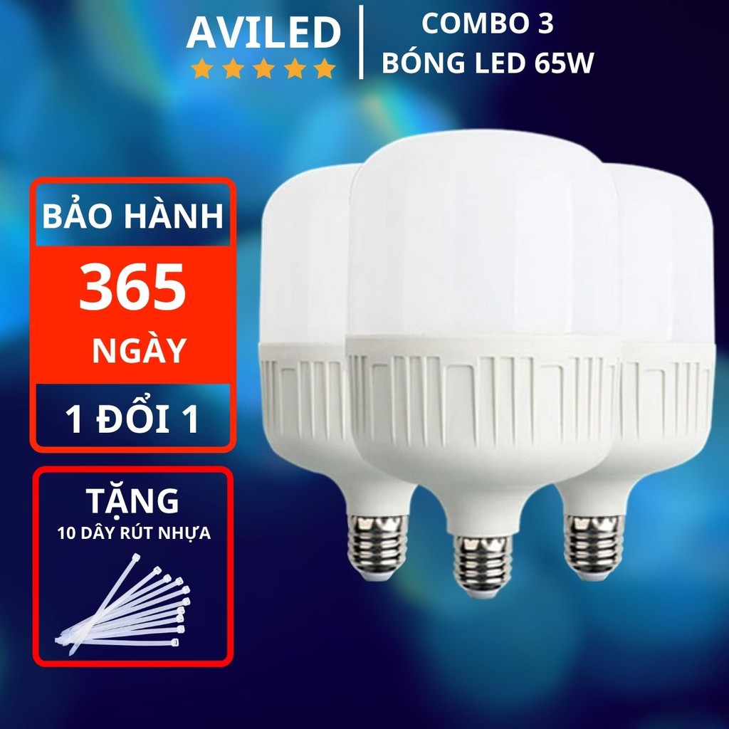 COMBO 3 Bóng đèn LED trụ tròn 65W AVILED bóng đèn led bulb, tiết kiệm điện ánh sáng trắng