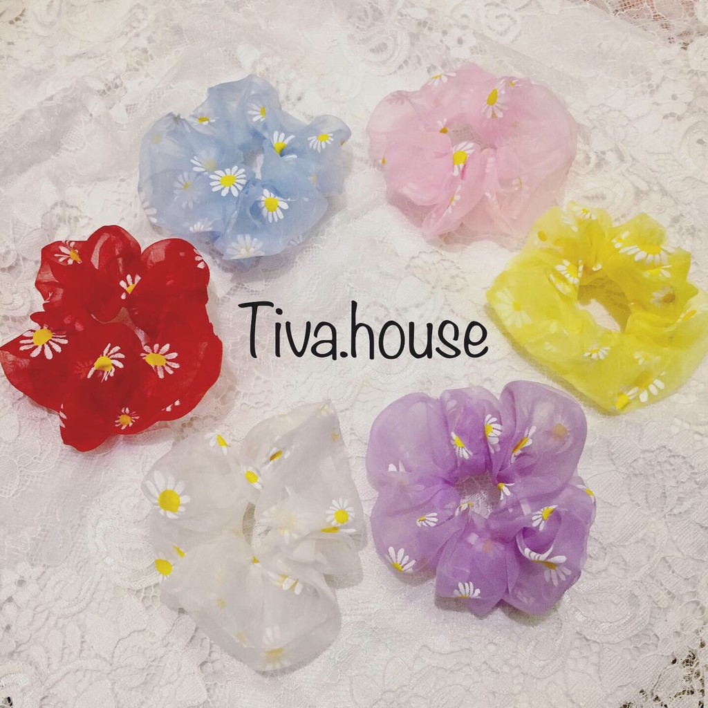 Scrunchies dây buộc tóc vải voan kính trong suốt chun co giãn hình hoa cúc thời trang Hàn Quốc cho bạn gái