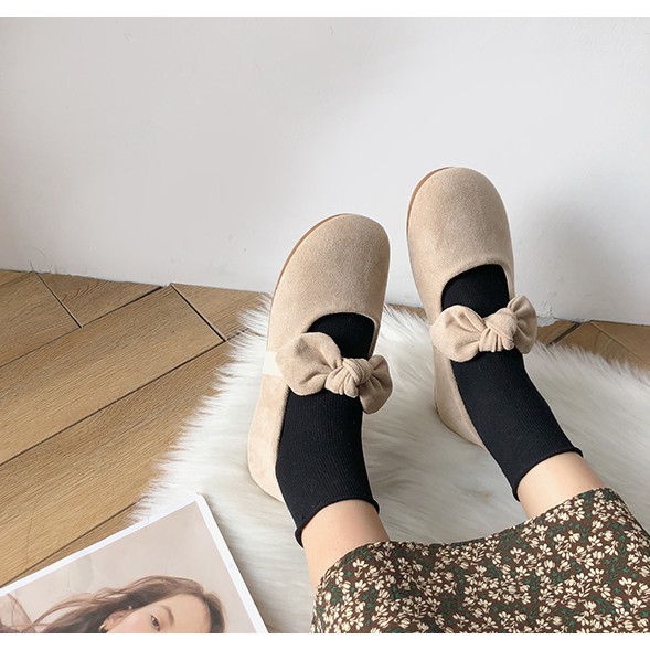 𝖙𝖍𝖊 𝖇𝖑𝖚𝖊 - CÓ SẴN Giày búp bê quai nơ da lộn phong cách nữ sinh Hàn Quốc